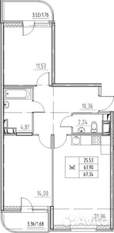 3-к квартира, 67.3 м², 6/12 эт.