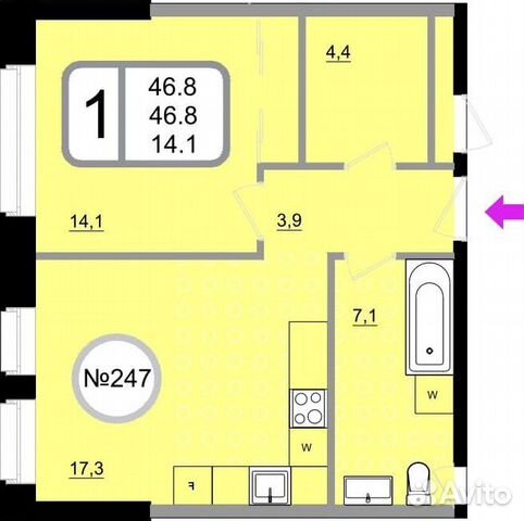 1-к квартира, 46.8 м², 18/22 эт.