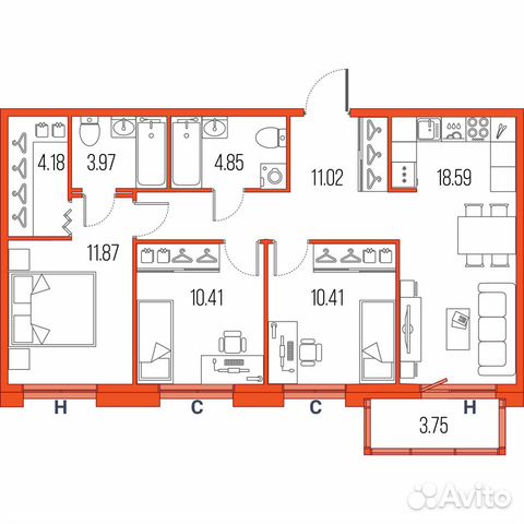 3-к квартира, 75.3 м², 18/22 эт. 3-к квартира, 75.3 м², 18/22 эт.