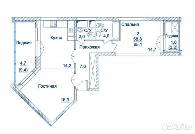 2-к квартира, 65.1 м², 23/24 эт. 2-к квартира, 65.1 м², 23/24 эт.