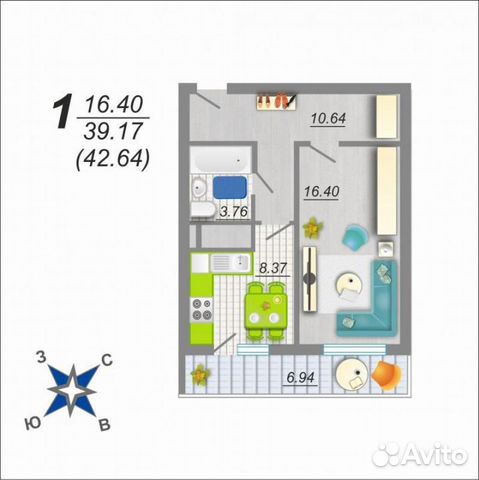 1-к квартира, 42.6 м², 15/17 эт.