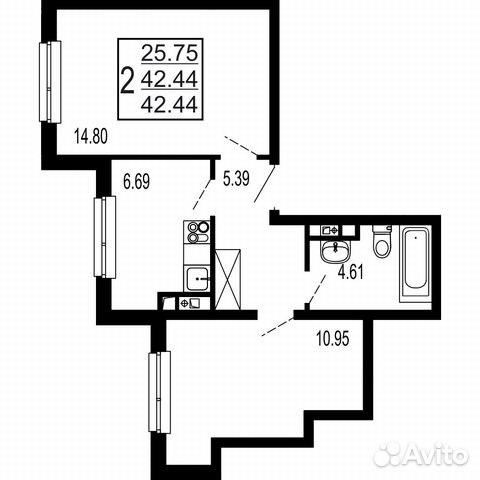 2-к квартира, 42.4 м², 2/17 эт.