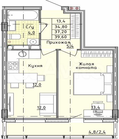 1-к. квартира, 39,6 м², 15/25 эт.