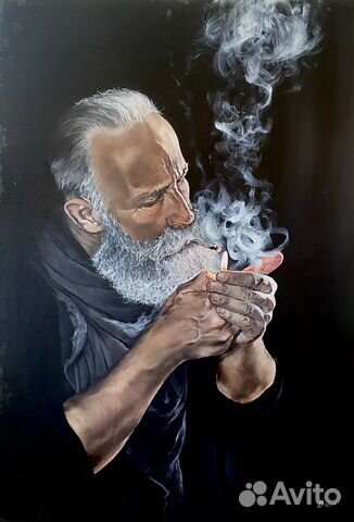 Картина масло холст 70х100см «Старик.Дым»