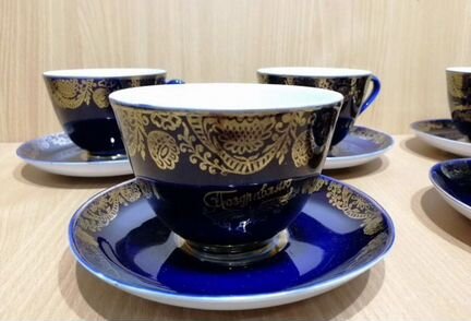 Чайные пары кобальт позолота фарфор Кружево лфз (Ф