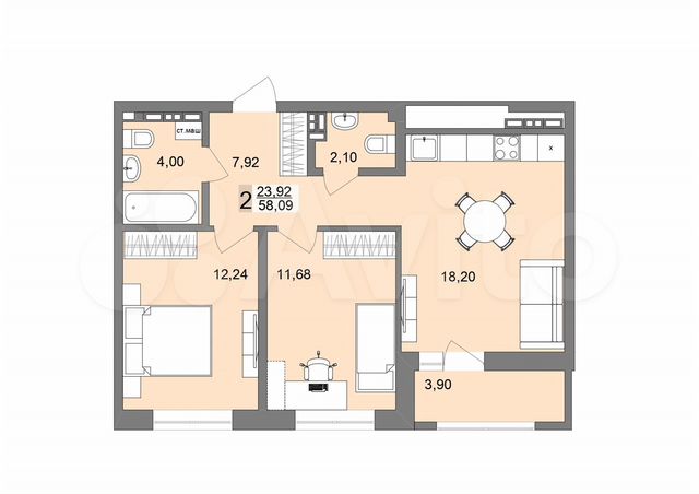 2-к. квартира, 58,1 м², 22/26 эт.