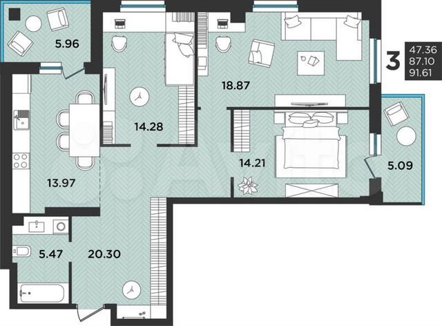 3-к. квартира, 91,6 м², 2/12 эт.