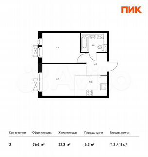 2-к квартира, 36.6 м², 21/33 эт.