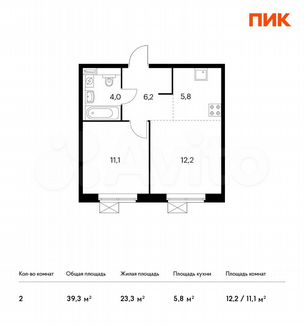 2-к квартира, 39.3 м², 6/25 эт.