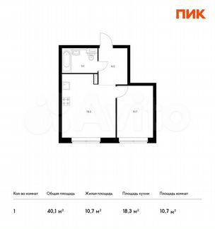 1-к квартира, 40.1 м², 8/21 эт.