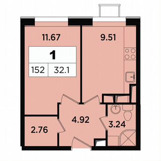 1-к апартаменты, 32.1 м², 12/18 эт.