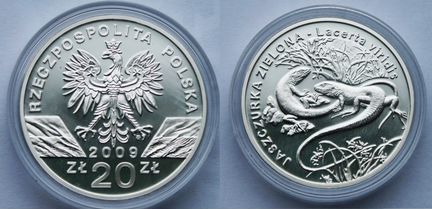 Польша - 20 злотых 2009 г. серебро, пруф, ящерицы