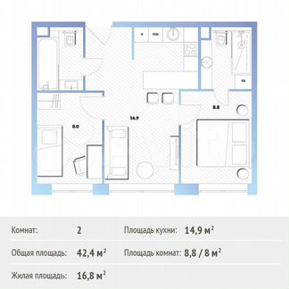2-к квартира, 42.4 м², 12/13 эт.