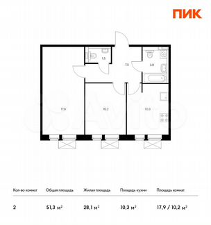 2-к квартира, 51.3 м², 8/9 эт.